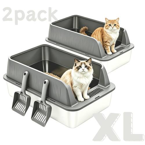 item picture 2pack stainless steel for cat litter box with lid high sided metal litter pan for cats small medium large sizes non stick odor resistant leak proof easy litter box with scoop