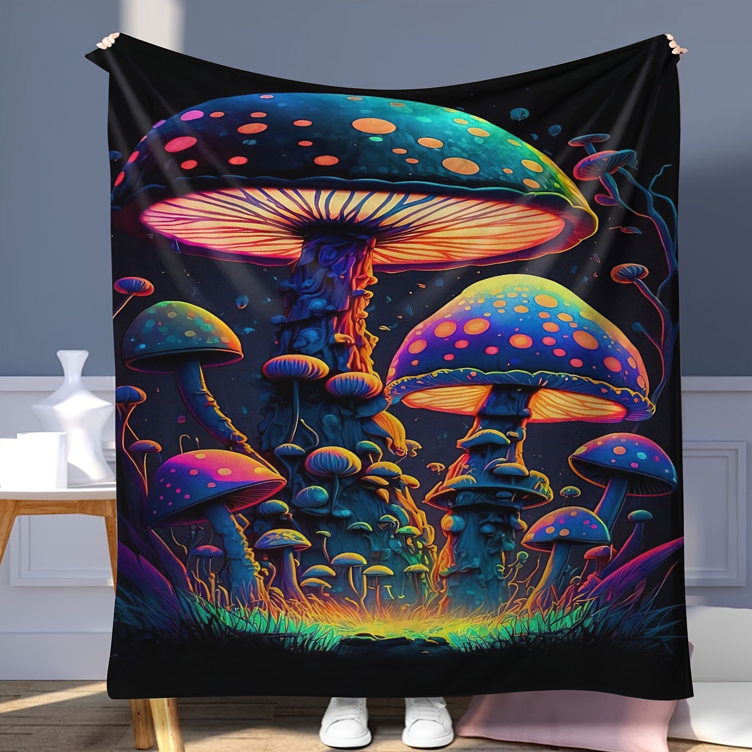 

1pc Mushroom Forest Print Flannel Blanket, Modern Polyester Square Blanket For Living Room & Bedroom