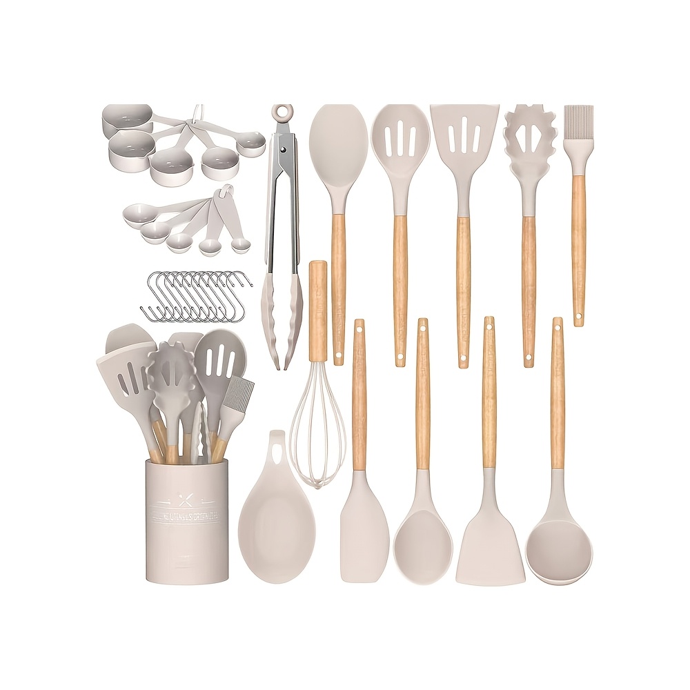 Black 16pcs Kitchen Utensils Set - Silicone Cooking Utensils With Holder, Heat Resistant Kitchen Utensil Spatula Set For Nonstick Cookware, Wooden Handles Kitchen Gadgets Tools Set Father Gift