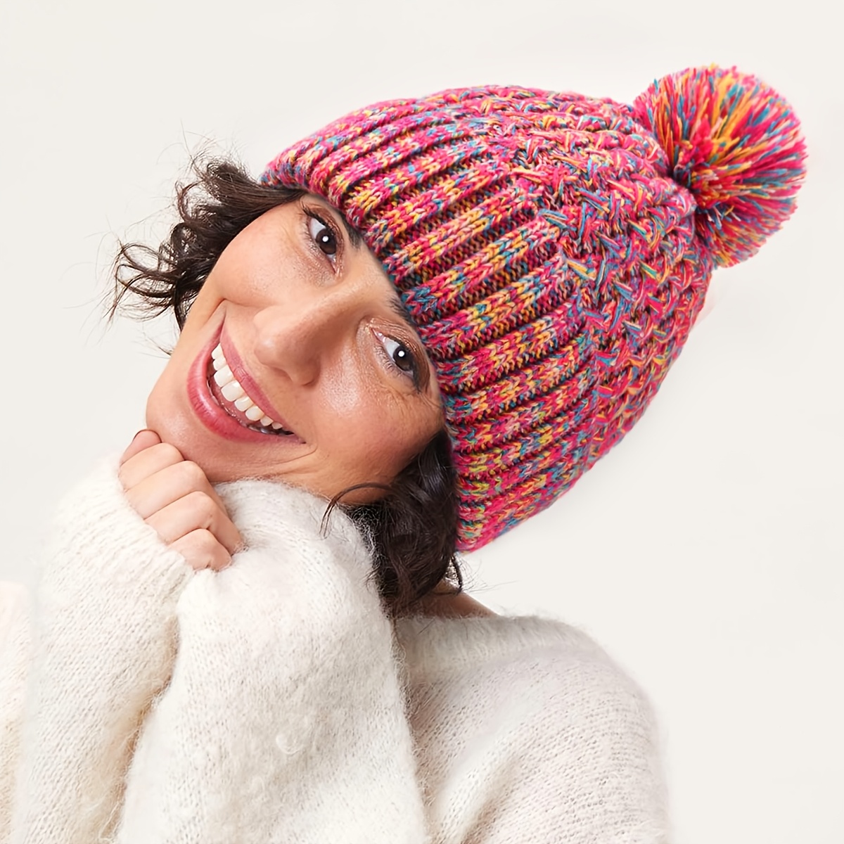 

Bonnet tricoté femme avec pompon - Élastique en acrylique léger, bonnet de crâne chaud pour la des fêtes, respirant et - Lavage à uniquement