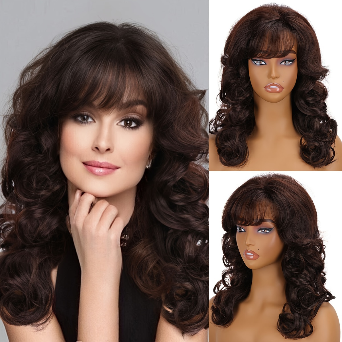1pc long curly wave wig 18 inch brown women bangs synthetic  display picture 2