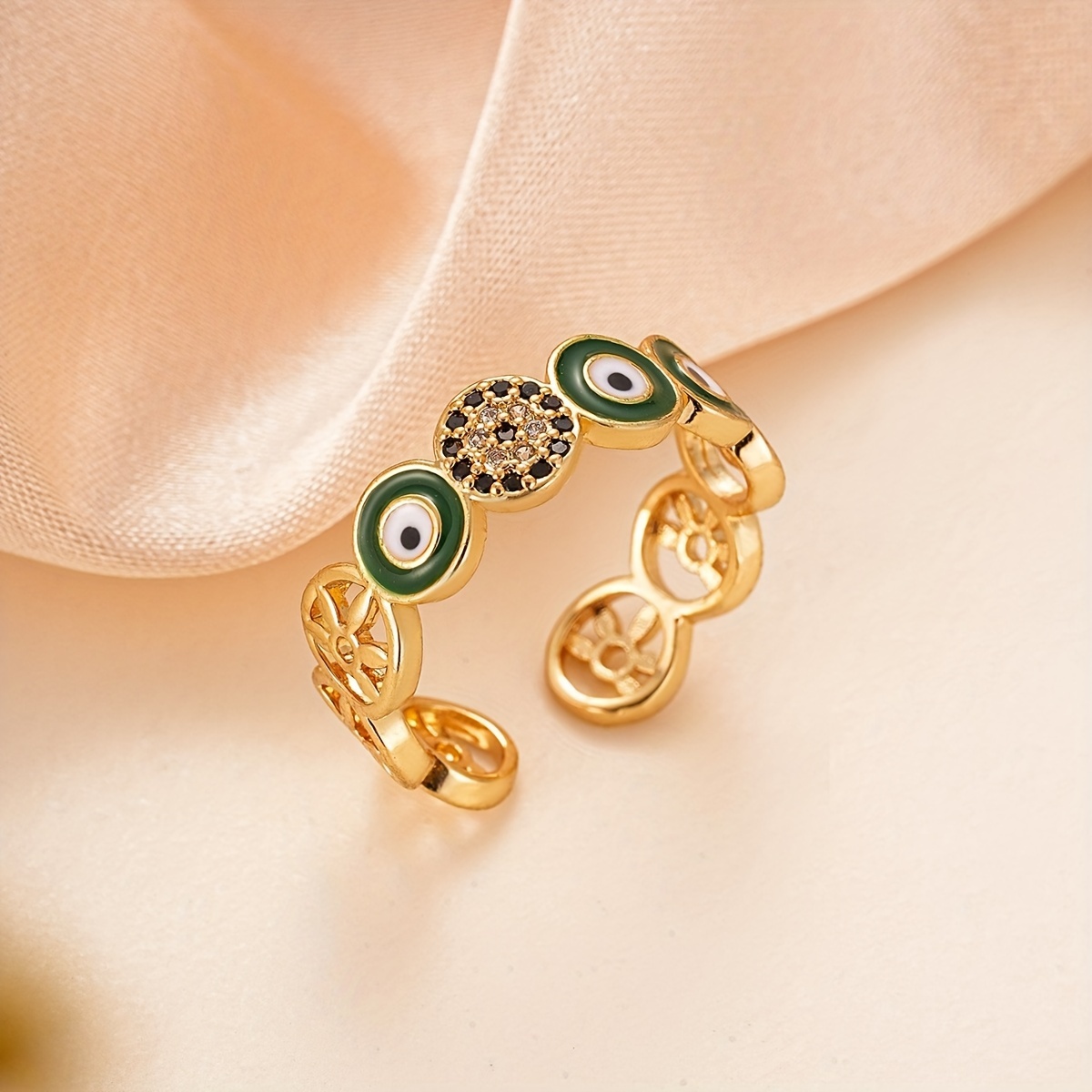 Bohemian Evil Eye Ring With Synthetic Synthetic Zirconia Heart And Openwork Design