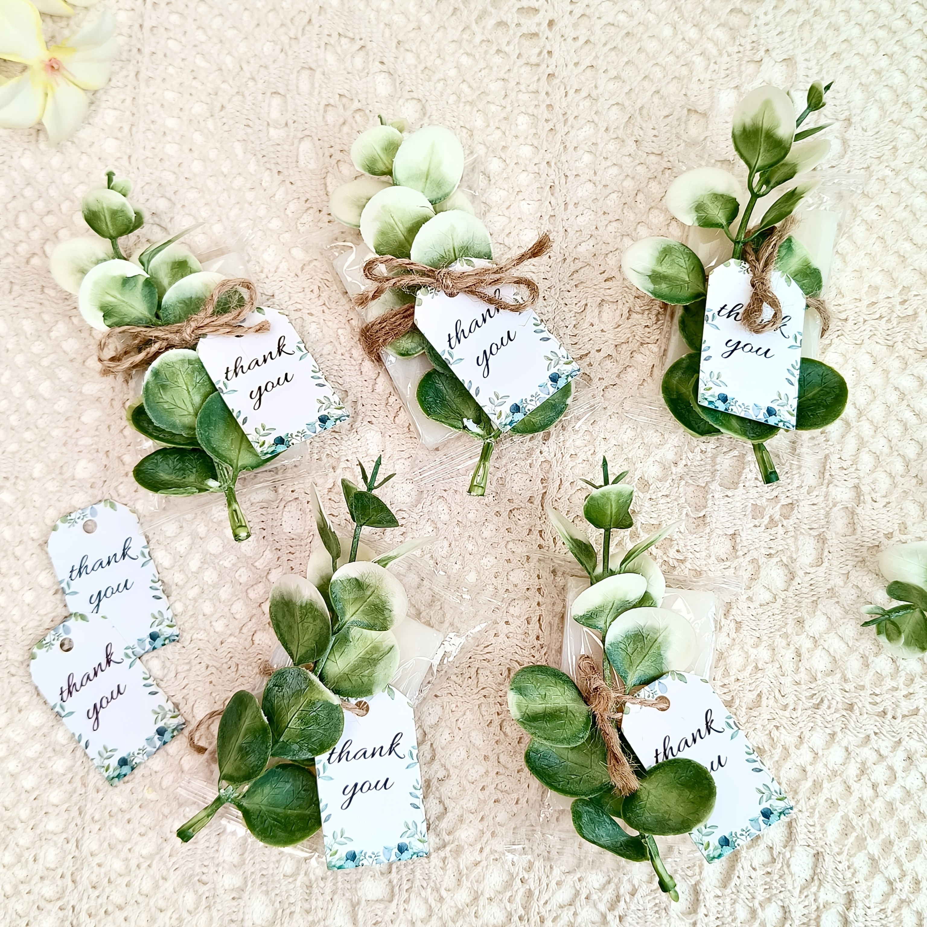 20pcs   mini soap favors scented stone soap bars with   eucalyptus greenery thank you gift cards elegant plastic wrapped white hand soaps for baby shower bridal shower wedding birthday party favors wedding accessories elegant presentation natural theme design