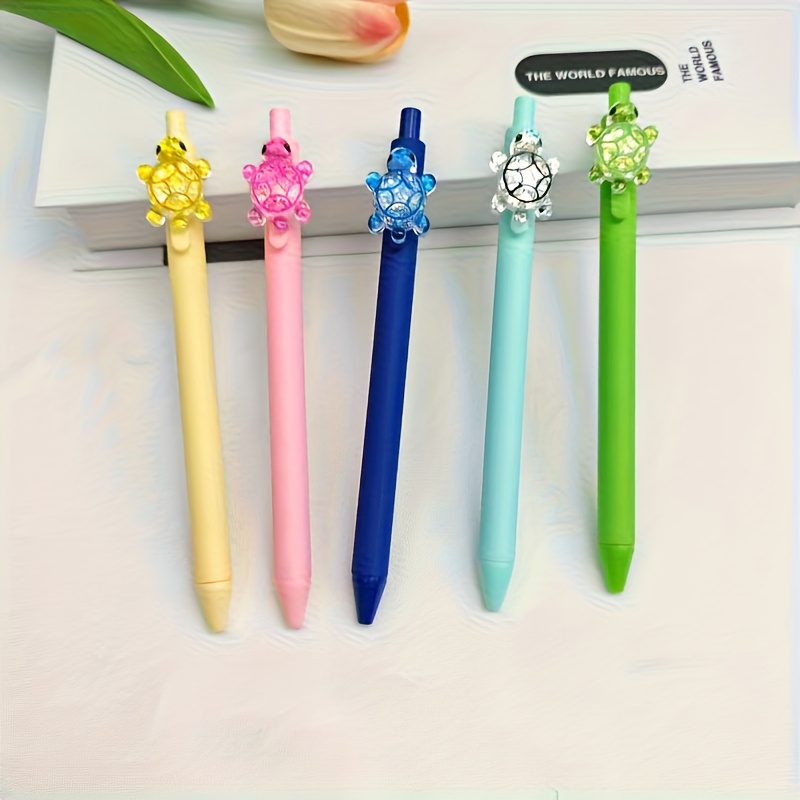 Image of 5-pack Of Colorful Glitter Turtle Ballpoint Pens, Creative Office Writing Pens, Automatic Button Ballpoint Pens, 1.0mm Black Refill, Suitable For Everyday Office Writing, Practical Office Stationery