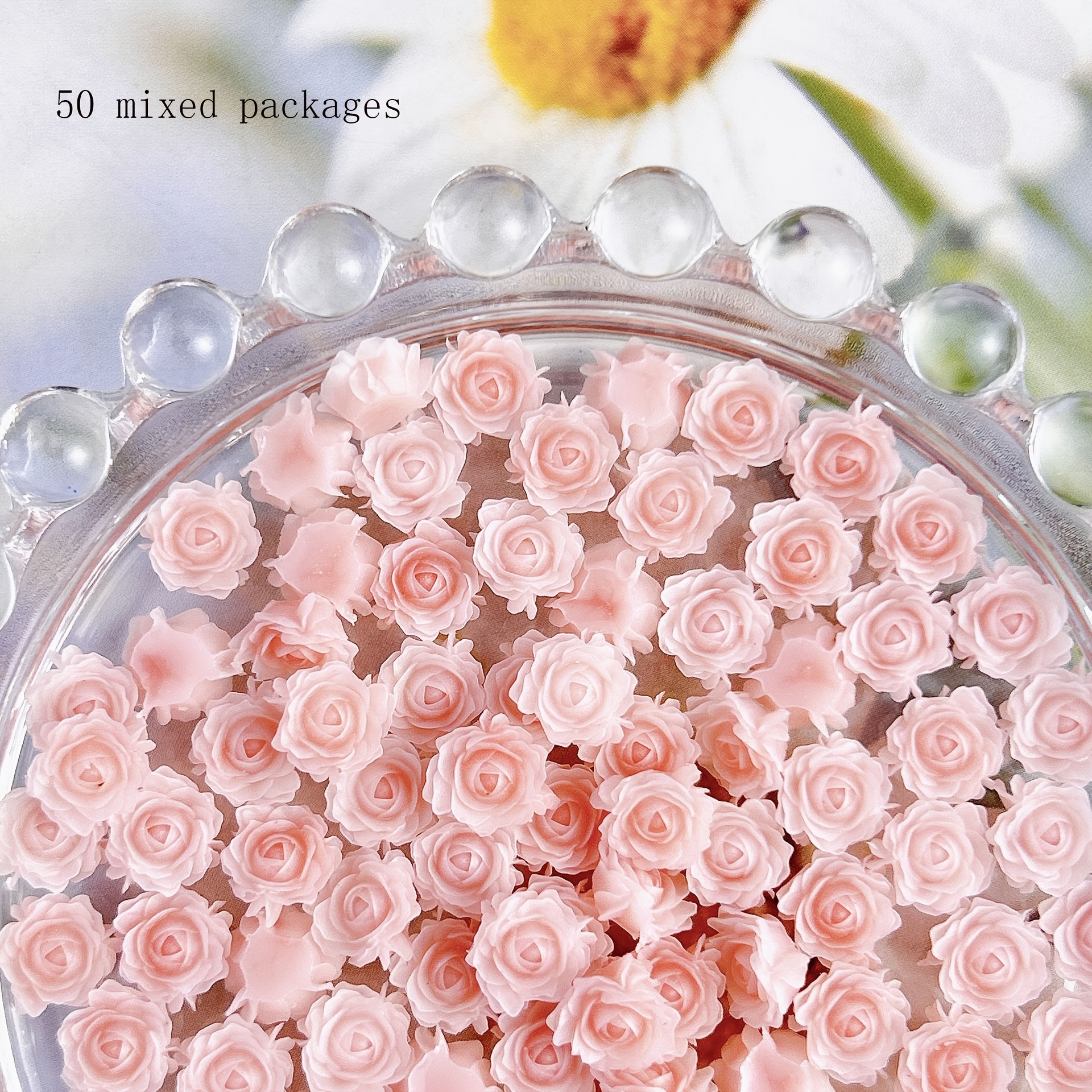 TEMU 50pcs Mixed Pink Dried Rose Resin Nail Art Charms, Hypoallergenic 3d Nail Decorations, Armor Effect Diy Manicure Accessories