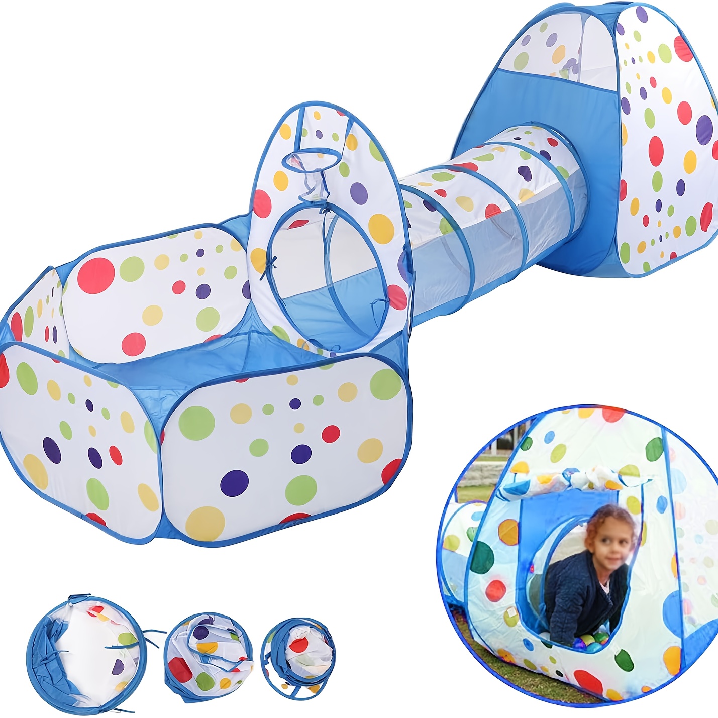 3-in-1 Kids Tent with Tunnel & Ball Pool - Indoor Playground, Soft Microfiber Play Tent with Easy Setup, Birthday/Easter/Christmas/Holiday Decorations, for Boys & Girls Nursery, Living Room, Party - Safe Indoor Play Center, Festive Kids' Playhouse, Playful Polka Dots Design, Durable Kids' Plaything, Sturdy Construction, Toddlers Plaything