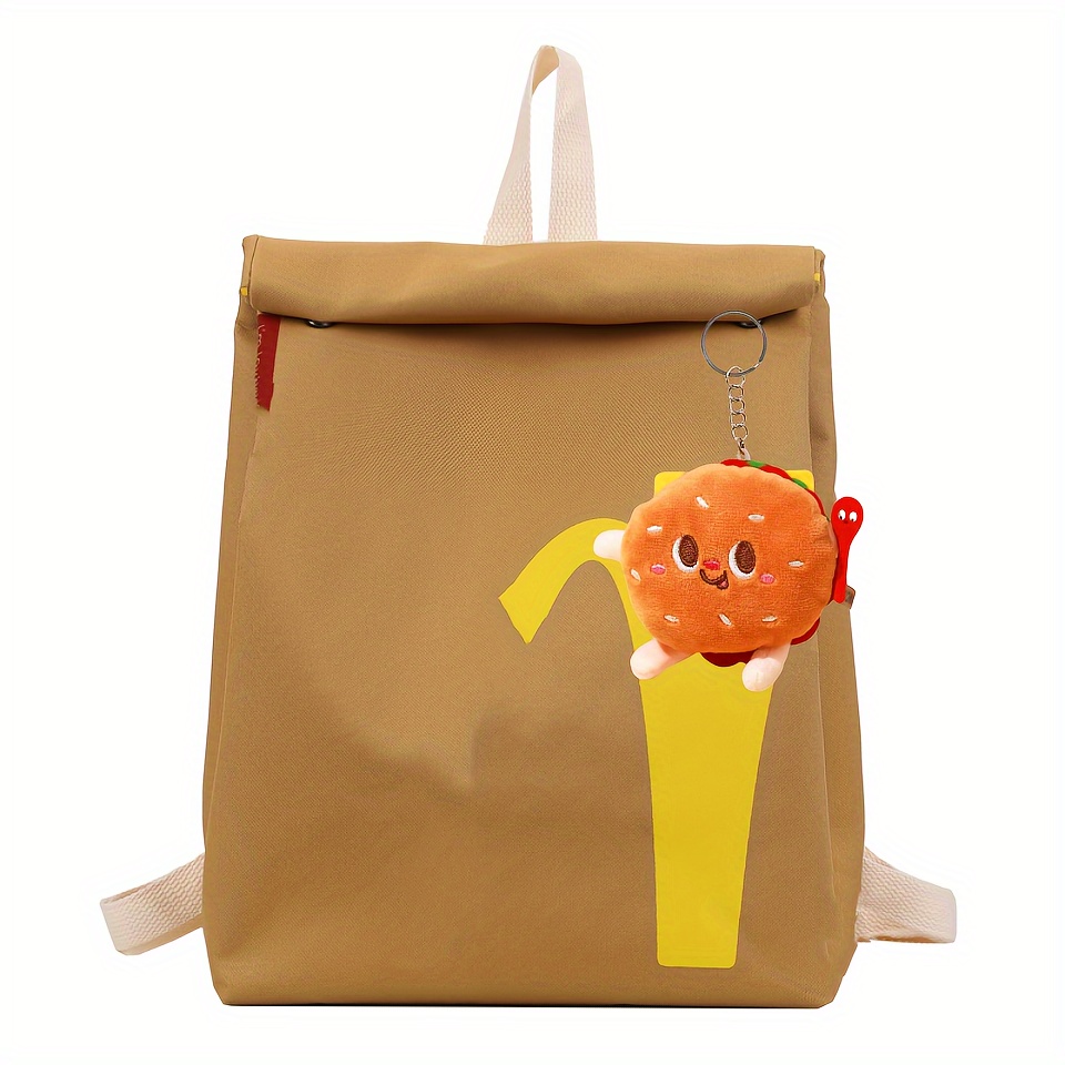 

Classic Funny Retro Paper Bag Cute Backpack Hamburger Keychain Personalized Shoulder Crossbody Bag Casual Canvas Backpack Notebook Bag