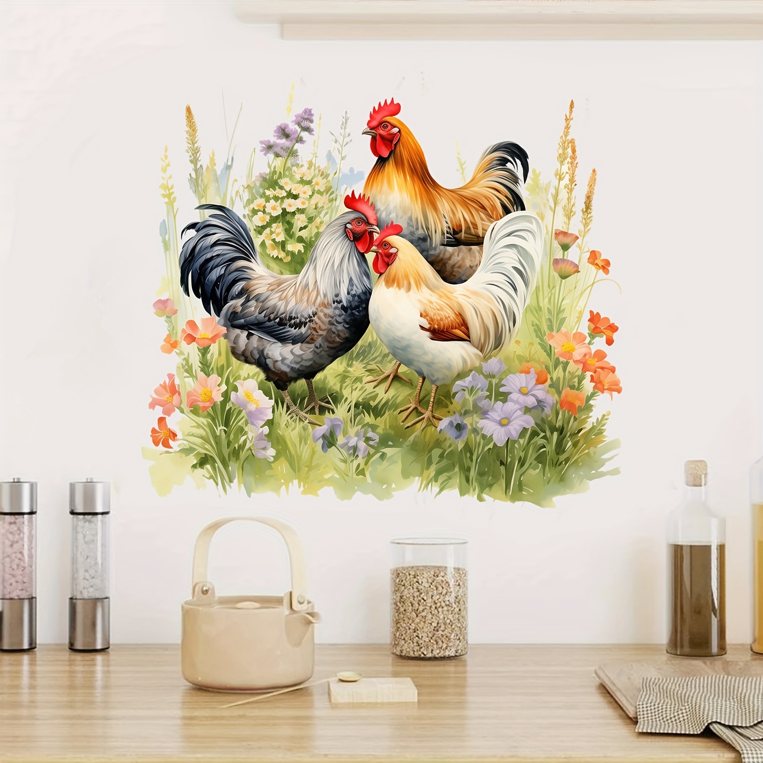 

Modern Farmhouse Rooster And Hen With Flowers Wall Decals - 1pc Animal Print Plastic Wall Stickers, Detachable Semi-glossy Self-adhesive Home Decor For Living Spaces