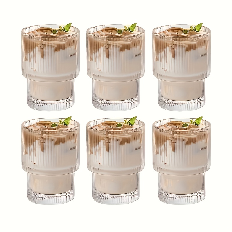 TEMU 6pcs, 200ml/6.8oz Stackable Ribbed Glass Cups, Iced Coffee Cups, Juice Cups, Origami Glass Cups, Reusable Glass Cups, Suitable For Halloween,
