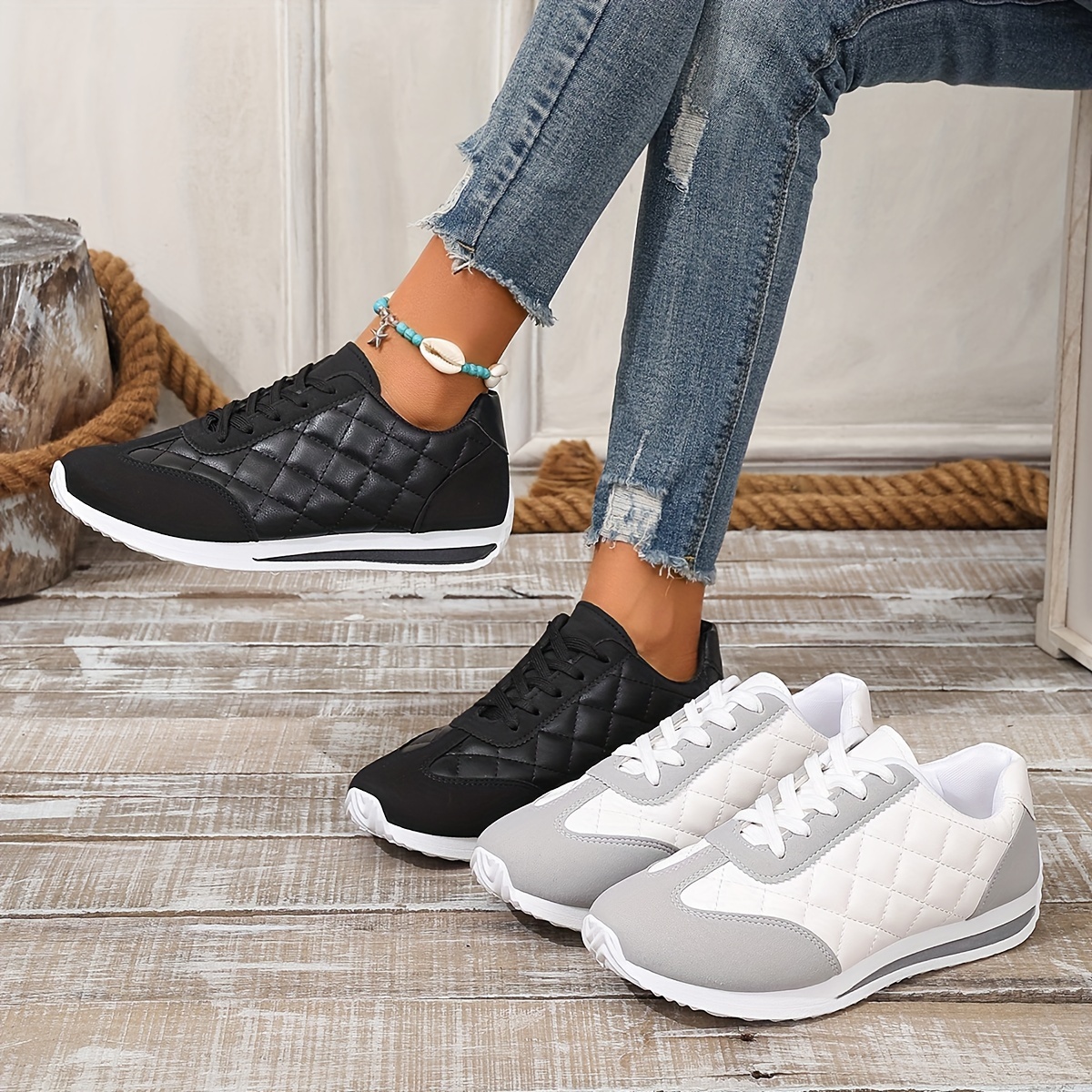 

Women's Solid Color Casual Sneakers, Lace Up Platform Soft Sole Walking Shoes, Quilted Pattern Walking Trainers
