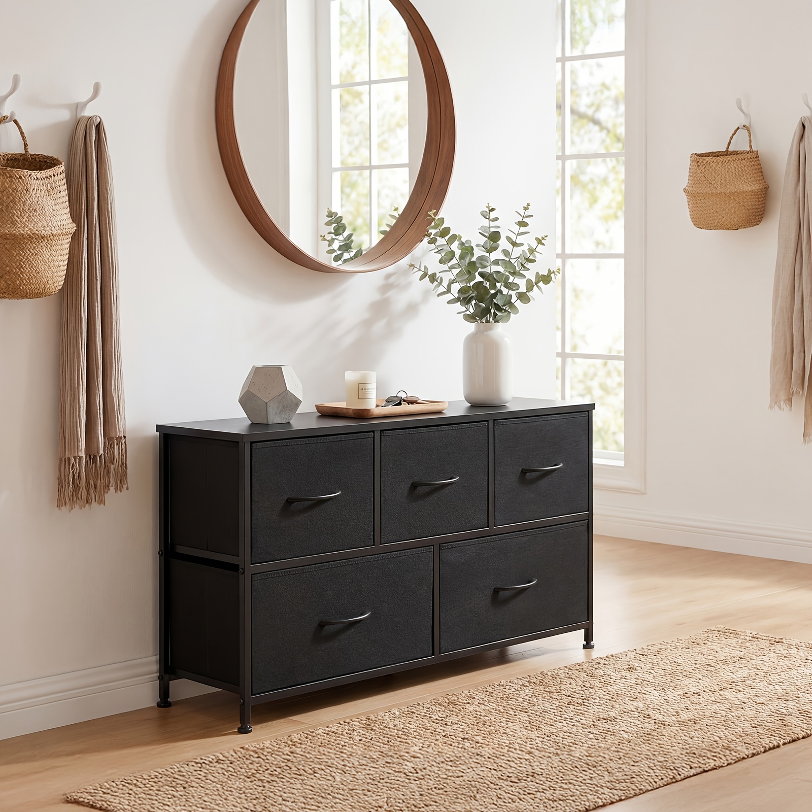 TEMU Office Chest File Cabinets With 5 Drawer, Dresser With Metal Frame And Wooden Tabletop, Clothing Drawer Fabric Wardrobe Entryway Storage Tower,