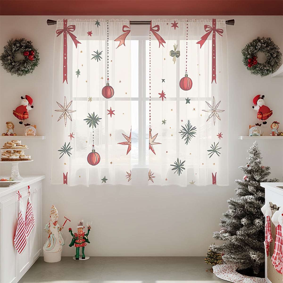 TEMU 2 pezzi Tende Stampate, come Regalo, Decorazioni per Matrimoni, Tende per Finestre, Schermi Festivi e Trasparenti per Finestre con Nastri Rossi