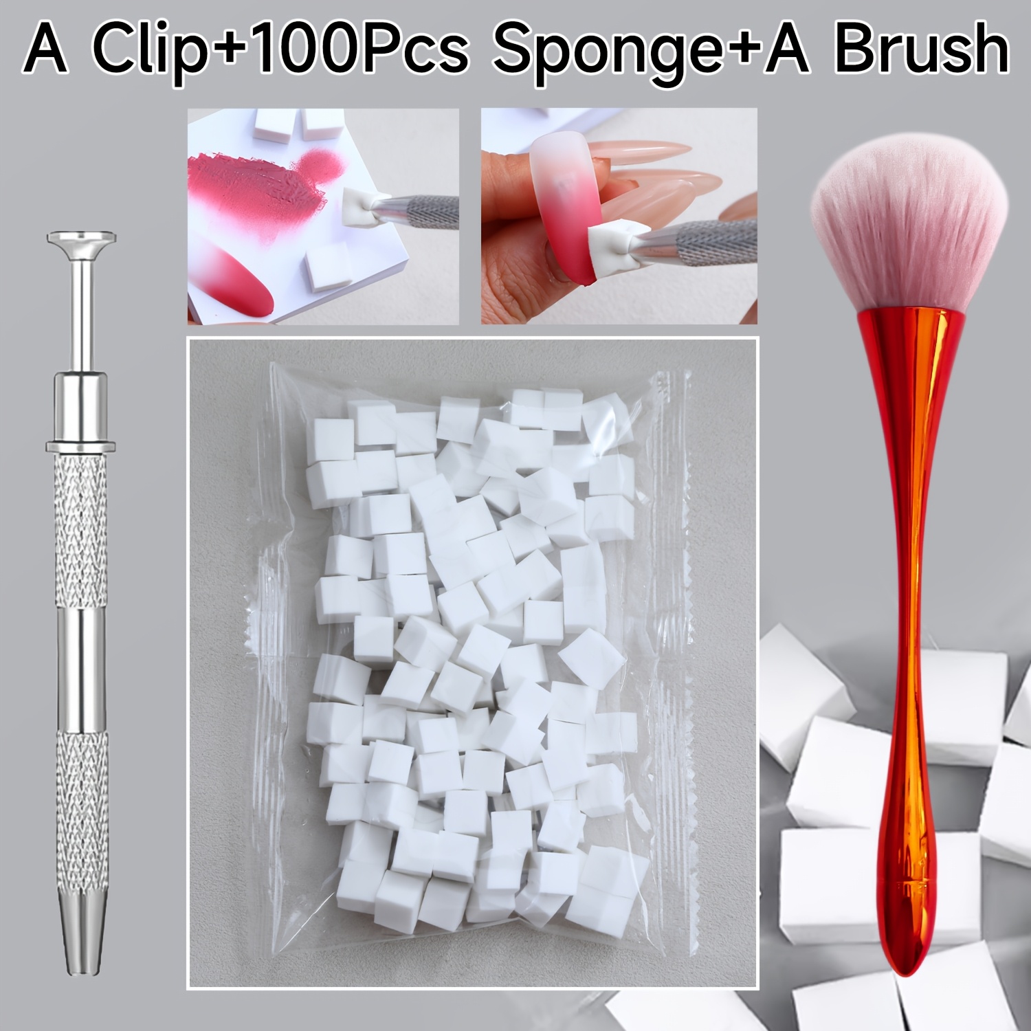 TEMU 3 Sets de 100 Têtes en Éponge + 1 Clip + 1 Brosse à Long Manche, un Total de 102pcs, Utilisés pour le Nail Art Halo, la Teinture, la Peinture et