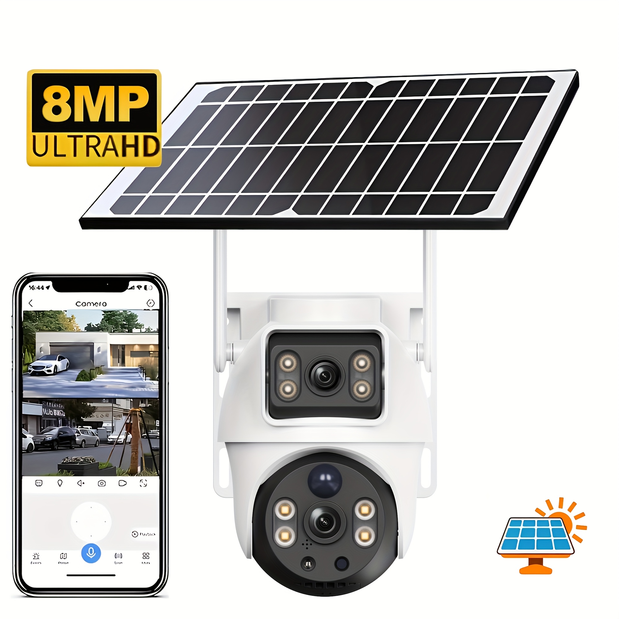 TEMU 8mp Dual-lens Outdoor Wireless Solar Powered Security Cctv Camera, 100% Wireless 2.4ghz Wifi, High Capacity Battery, 360° Rotation And 90° Tilt,