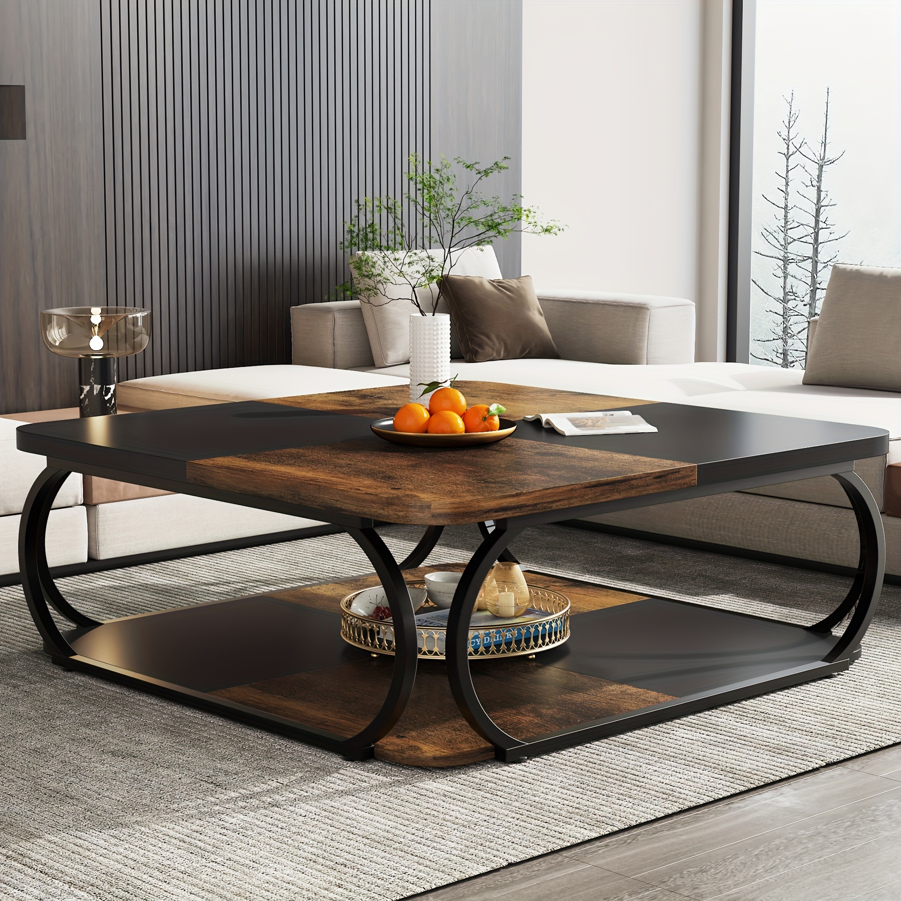 TEMU Coffee Table With Open Storage Shelf For Living Room, 39 Inch Large Wood Center Table Square Low Coffee Tables 2 Tier Farmhouse Tea Table With Metal Frame For Home Office