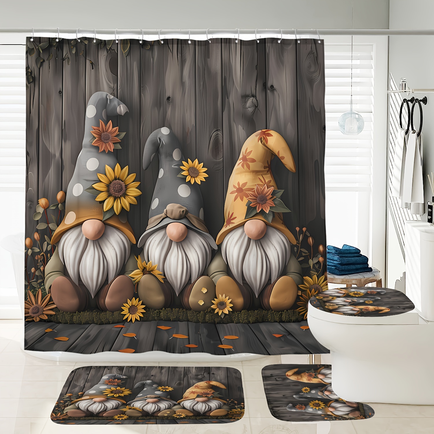 

Autumn Gnome Shower Curtain Set With Non-slip Bath Mat, Toilet Lid Cover, And Rug - Sunflower & Pumpkin Pattern - Polyester Waterproof Bathroom Decor With 12 Hooks - Cordless, Woven Forest Theme