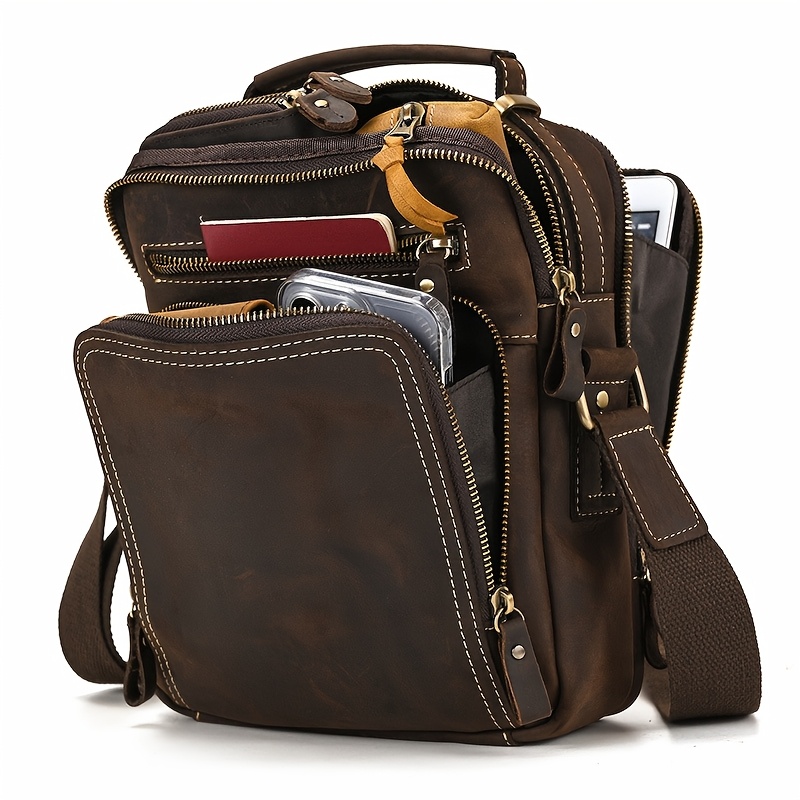 Image of Vintage Genuine Leather Messenger Bag For Men, Casual Crossbody Bag Made Of Leather, Large Capacity Shoulder Bag