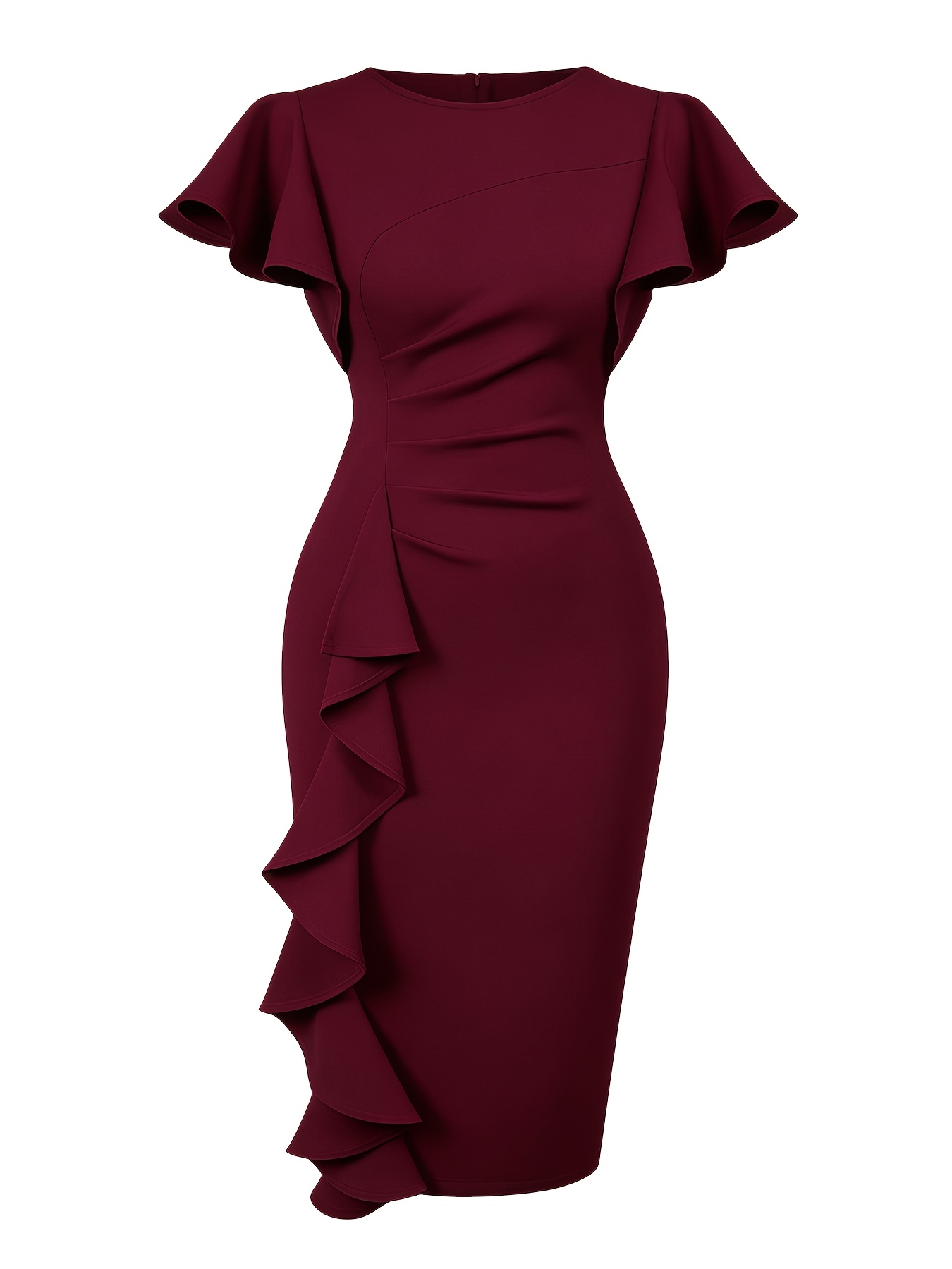 Womens Solid Color Ruched Sleeve Pleated Bodycon Vintage