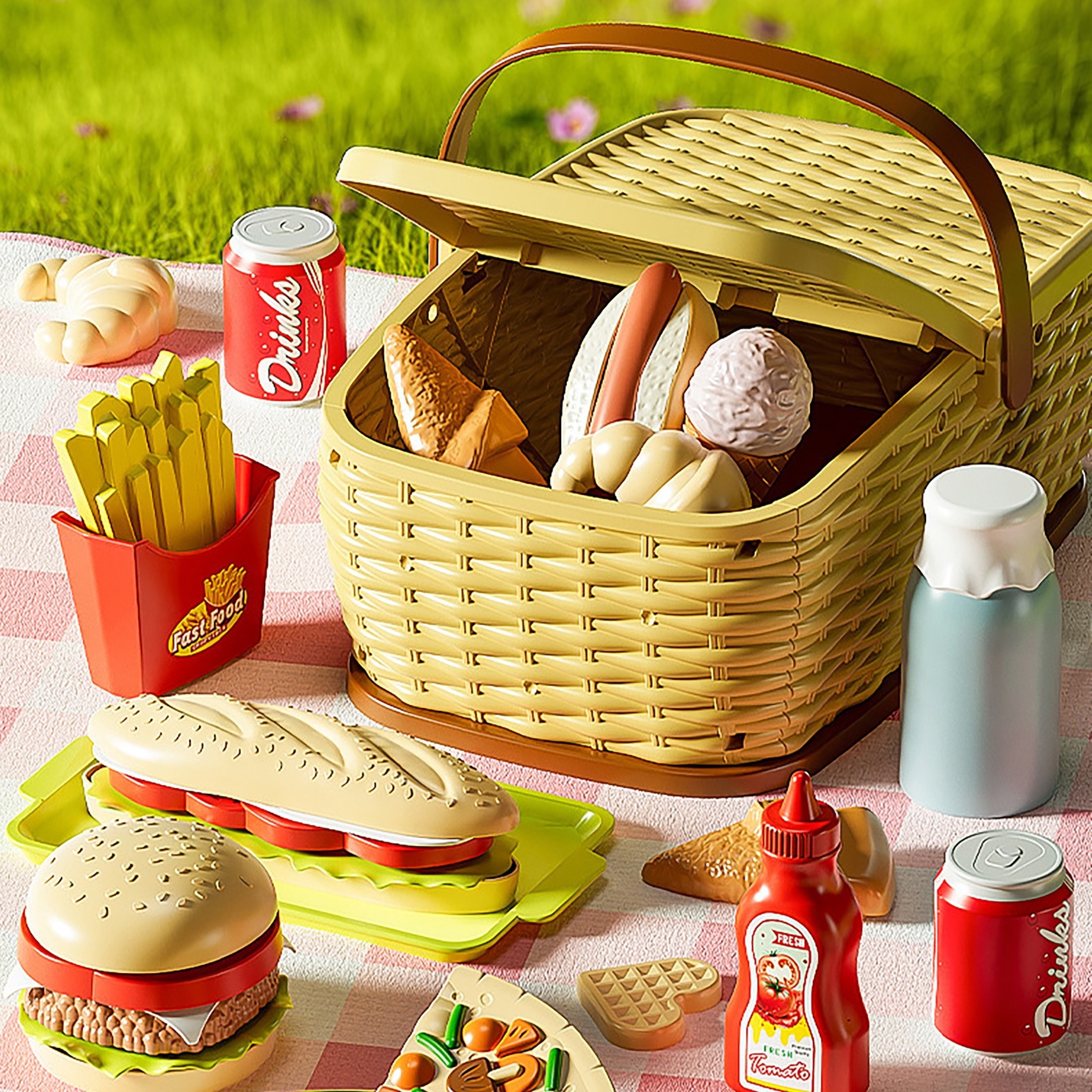 pvc play food picnic basket set kids pretend Temu