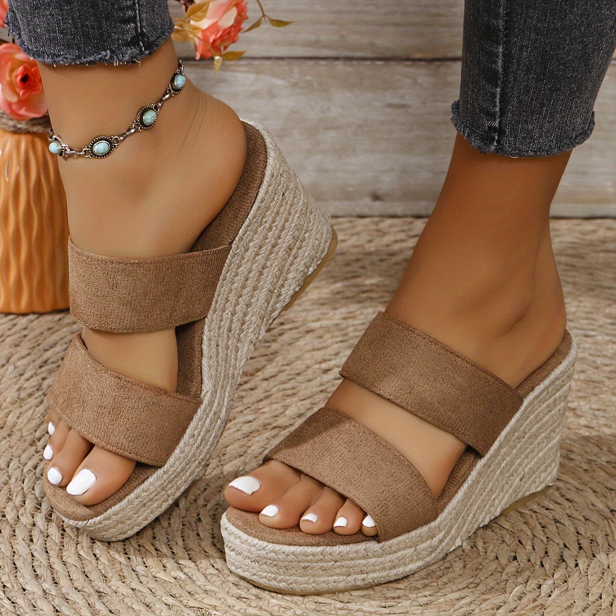 women's espadrille wedge sandals brown cover open toe slip Temu
