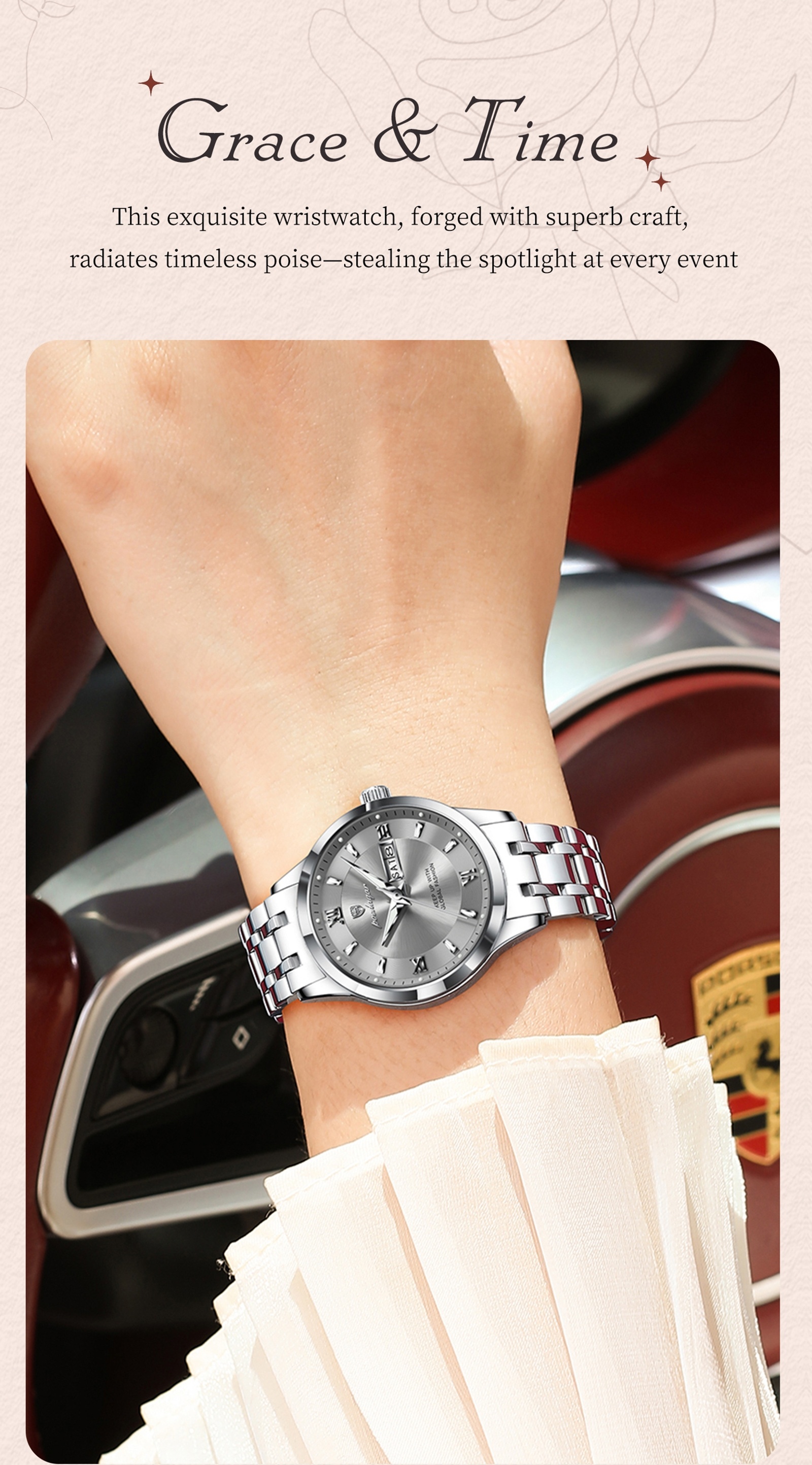 Ladies' Vintage Elegant Steel Strap Watch, Stainless Steel Quartz Wristwatch, Luminous Weekly Calendar Watch for Women