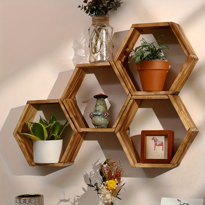 

Hexagon Wooden Floating Shelf - Wall-mounted Storage Rack For Living Room & Bedroom Decor, Honeycomb Display Shelving Unit