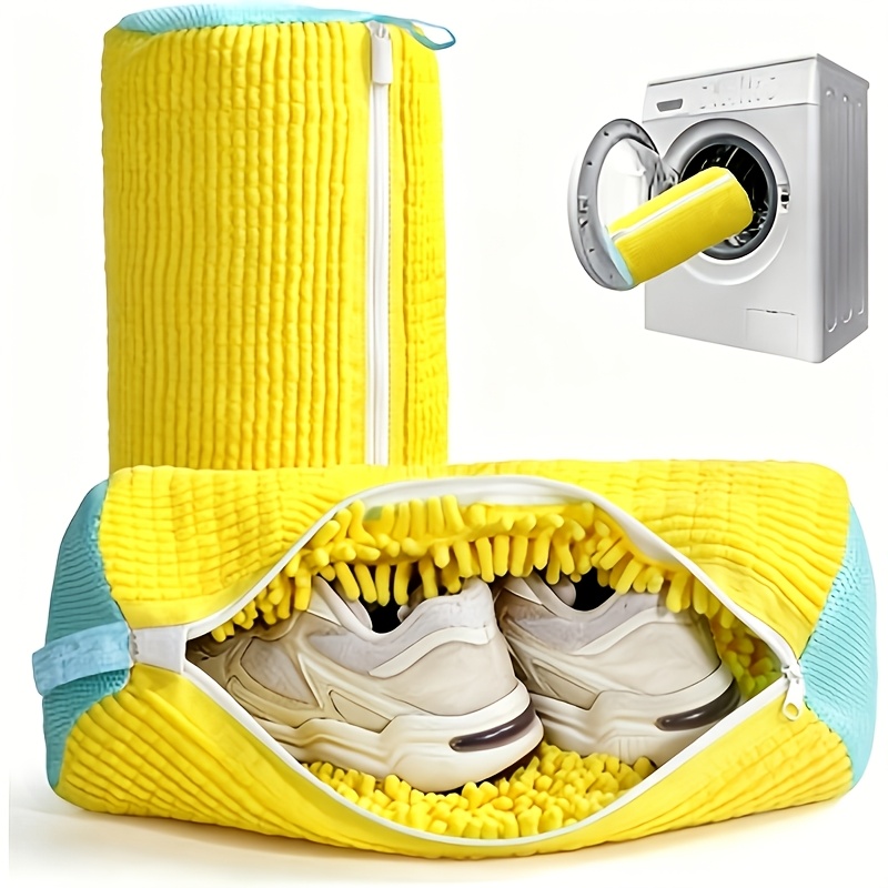 TEMU Shoe Washing Bag For Washing Machine, Fluffy Fiber Maintains 360° Surround Cleaning, Durable Zipper Reusable Bag Oval Protective Laundry Bag For