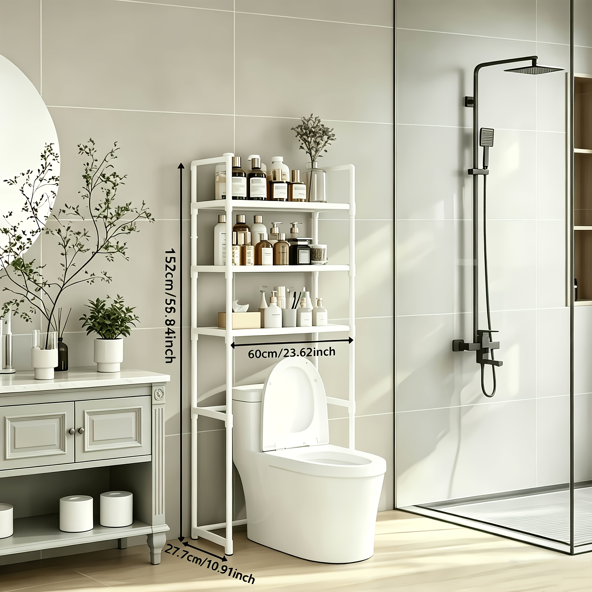 TEMU Étagère de rangement surélevée à plusieurs niveaux autoportante au-dessus des toilettes, organisateur de salle de bain en métal épaissi, étagère