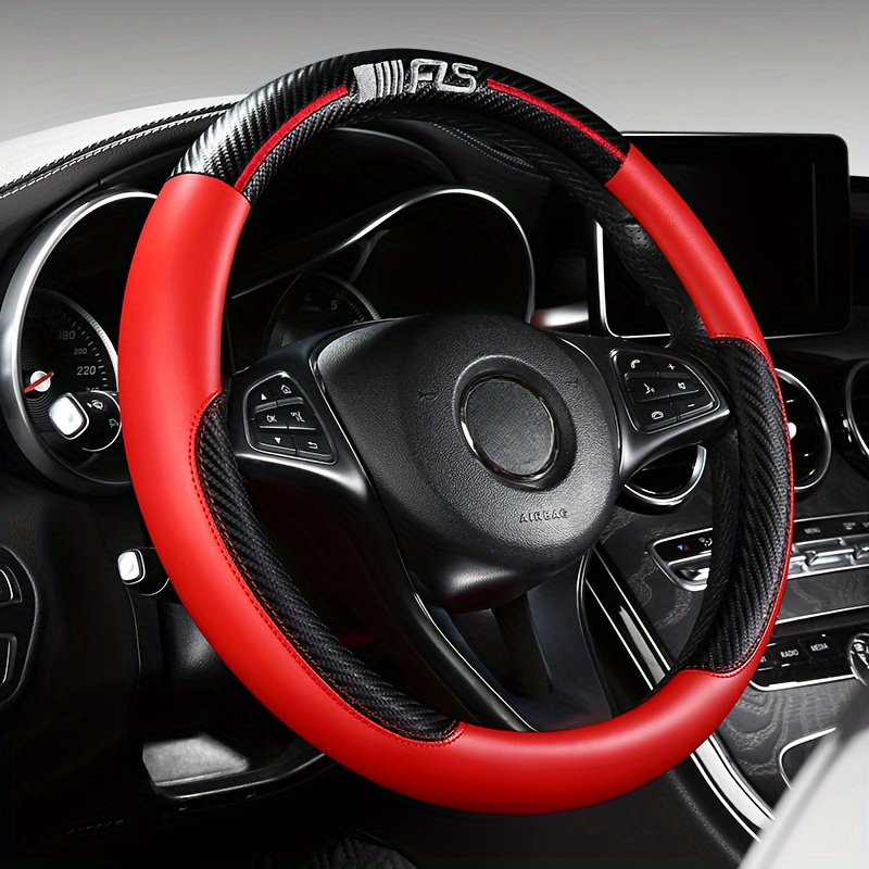 

Red & Fiber Steering Wheel Cover, Fit "-15", Breathable Pu Leather With , For Cars