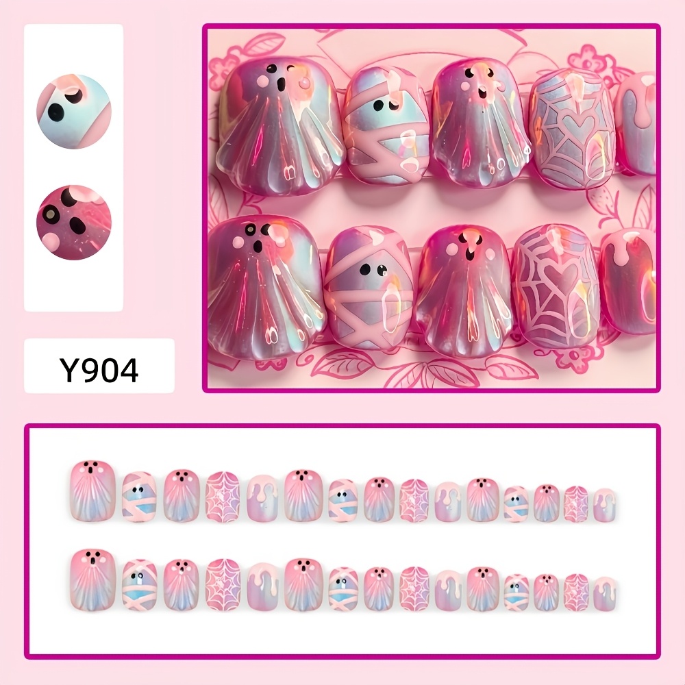 TEMU 30pcs Handmade Press-on Nails Suitable For Nail Art - Aurora Cat Eye & Heart Web Short Square Gel Extensions, Glossy Detachable False Nails With