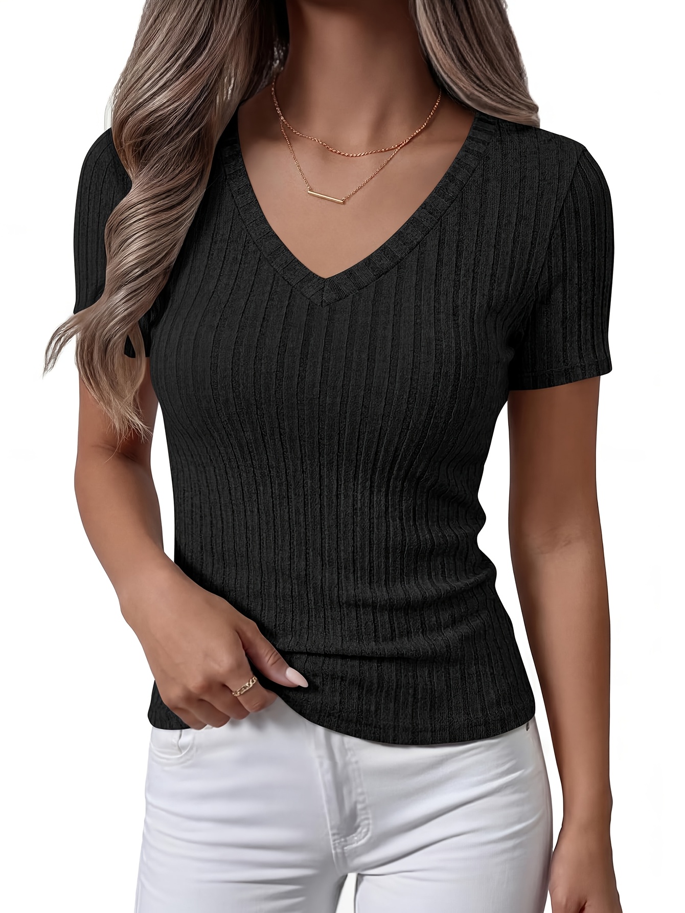 Women's Slim-Fit V-Neck Short-Sleeve Blouse Shirt - Solid Color Basic T-Shirt Suitable for Seasons, Machine Washable Opaque Pullover Top, Casual & Dressy Wear for Office, Layering, Everyday Outfits