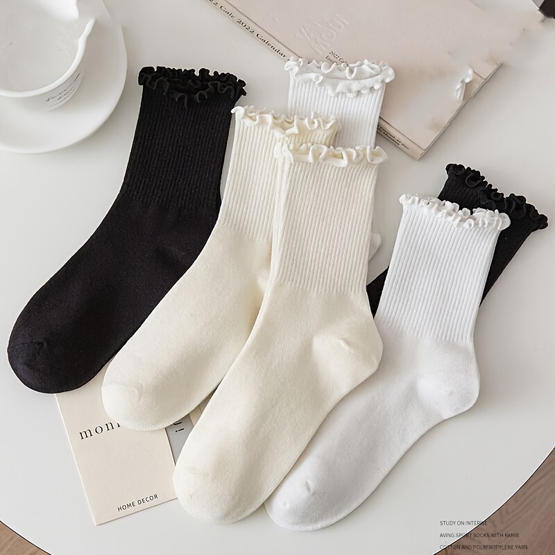 

3pcs Women's Lace Trim Socks In Solid Color , Black, And Cream - Japanese College Style, Mid-calf Knit Polyester Socks