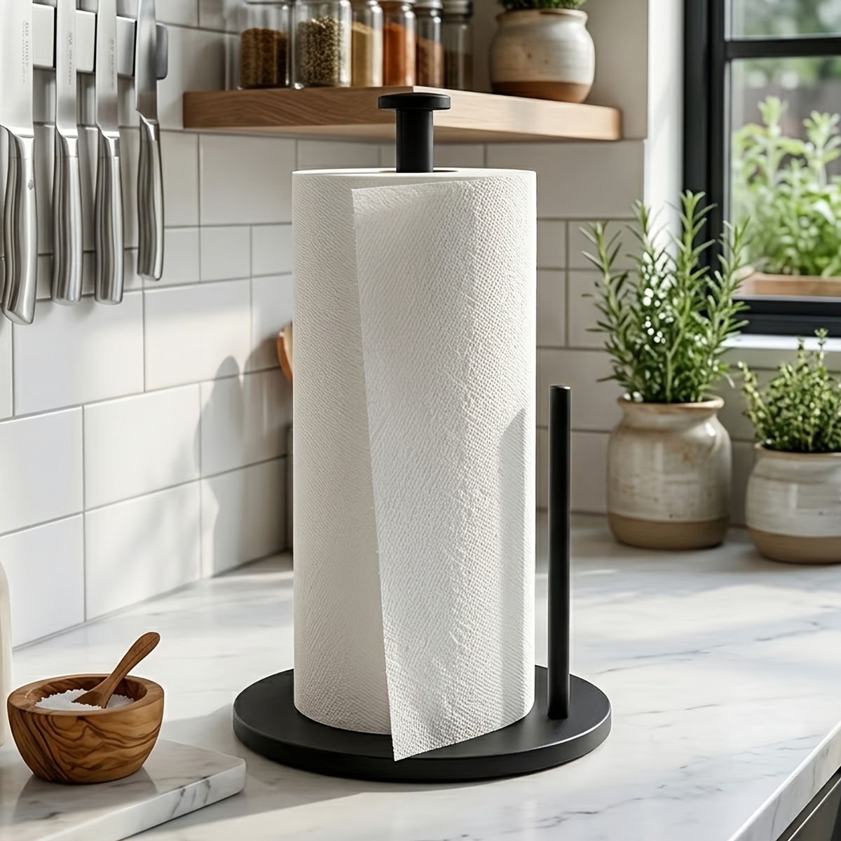 TEMU Freestanding Paper Towel Holder With Tear Bar, One-handed Operation Countertop Paper Towel Roll Stand, Non-slip Base Kitchen Paper Towel