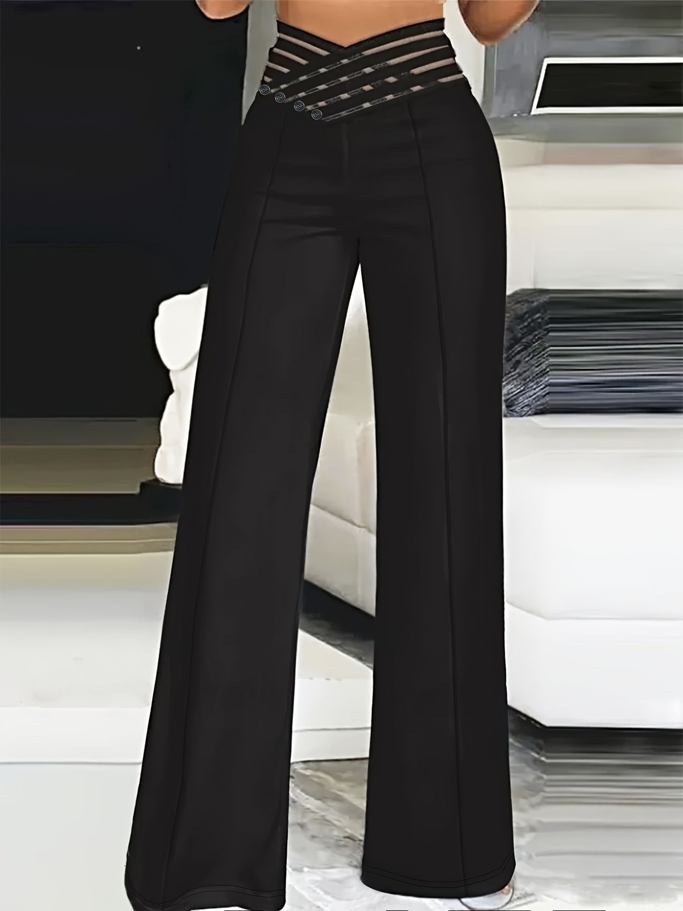 womens high waist cut out straight leg pants casual polyester trousers machine washable ideal for everyday   elegant solid color Product details 0