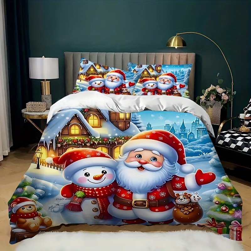 

3pcs Christmas Bedding Set - Contemporary Snowman And Santa , Comfortable Duvet Cover And Pillowcases, Washable, Zip - Decor For , Bedroom, (1 Duvet Cover + 2 Pillowcases, No )