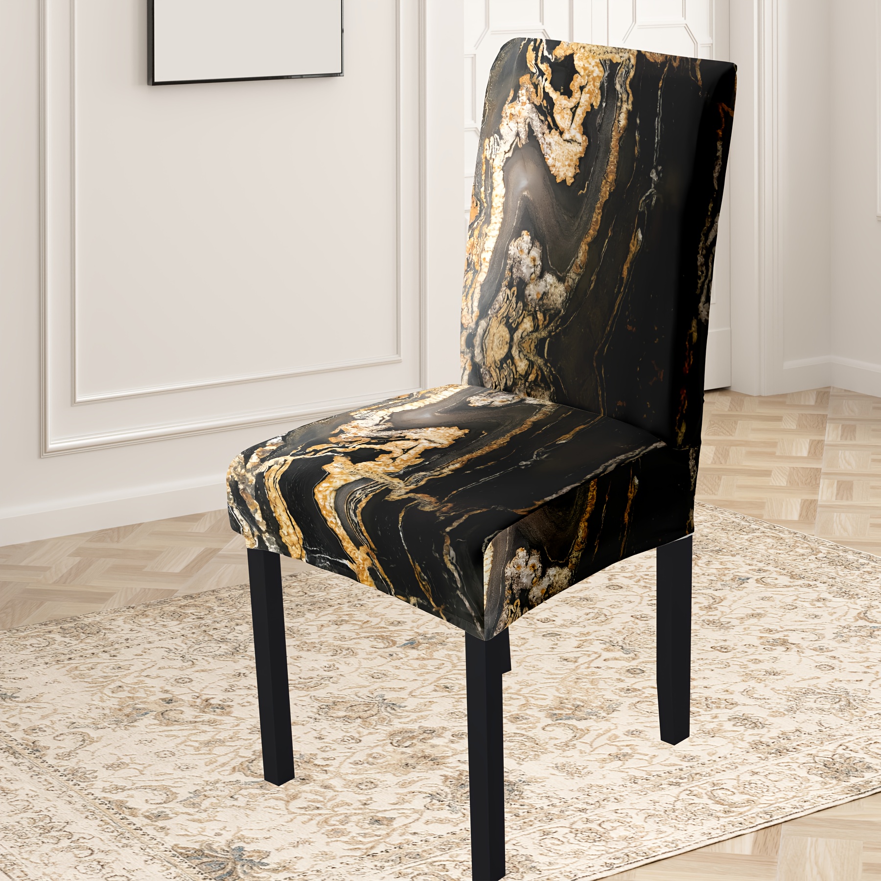 

; 4pcs/6pcs Black And Pattern Printed Decorative Chair Covers, Made Of Fabric, Suitable For Decoration Arrangements; Aesthetically , Dustproof, And Stain-resistant, Reused.