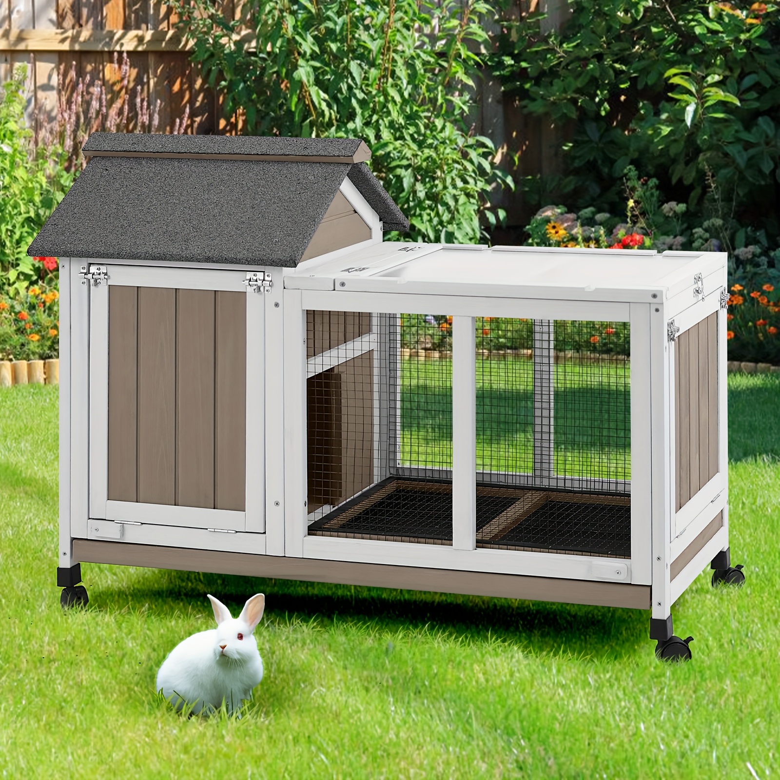 TEMU 38" L Outdoor Rabbit Hutch, Wood Bunny Cage, Indoor Rabbit House With Pull Out Leak-proof Tray, Weatherproof Asphalt Roof For 1-2 Rabbits, Suitable For Garden, Park, Living Room