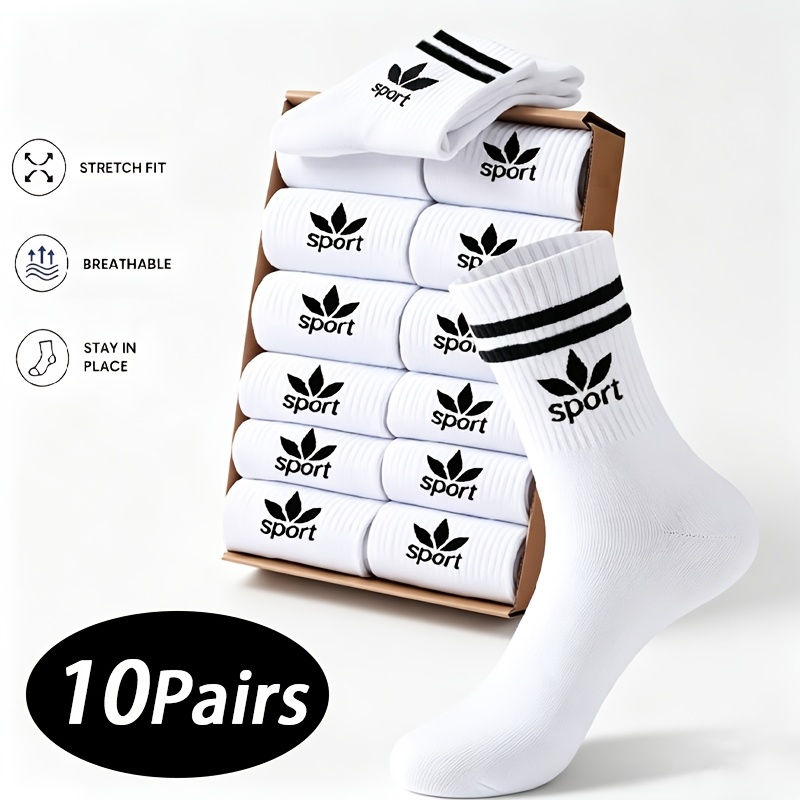 TEMU 10-pair Women's & Men's Unisex Couple's Striped Mid-calf Socks - Solid Color Suitable For Daily Wear,, Sports, Outdoor | Breathable Casual Socks