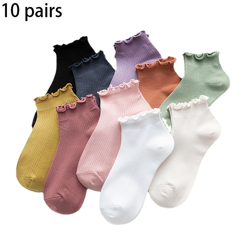10 Pairs Women's Candy Color Ruffle Trim Ankle Socks - Soft Breathable Elastic Frilly Socks With Ruffle Edges, Solid Color Basic Sock Suitable For , Daily Wear,, & For All- Casual Outfits