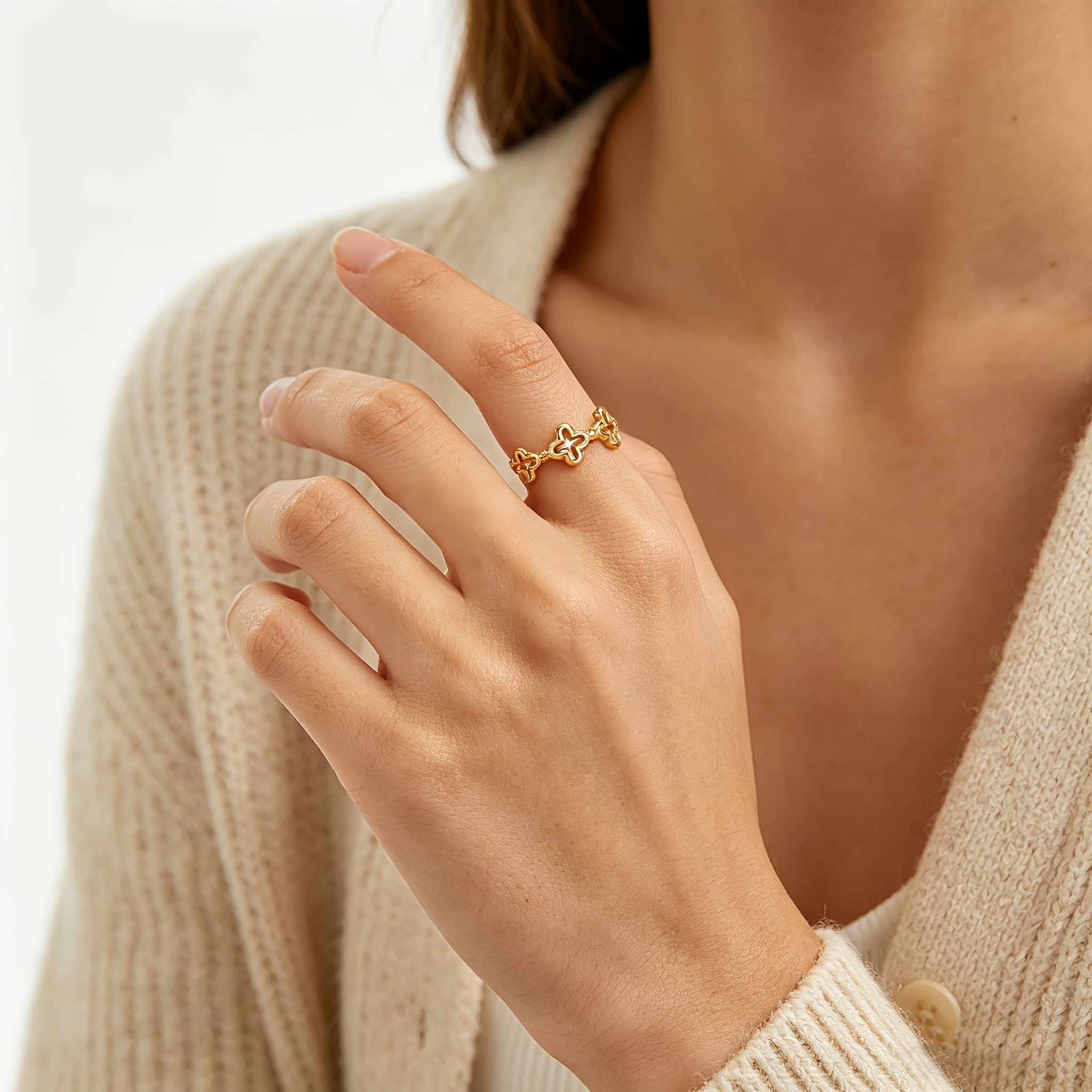 Women's Golden Stainless Steel Clover Splicing Open Ring