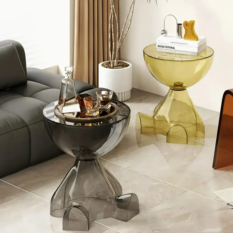 modern transparent acrylic small coffee table with stylish curved legs mobile coffee table for living room or bedroom sofa or decor cartoon decor modern minimalist easy to move storage table no electricity or wood materials living room accessories modern decor unique shaped table table decoration details 1