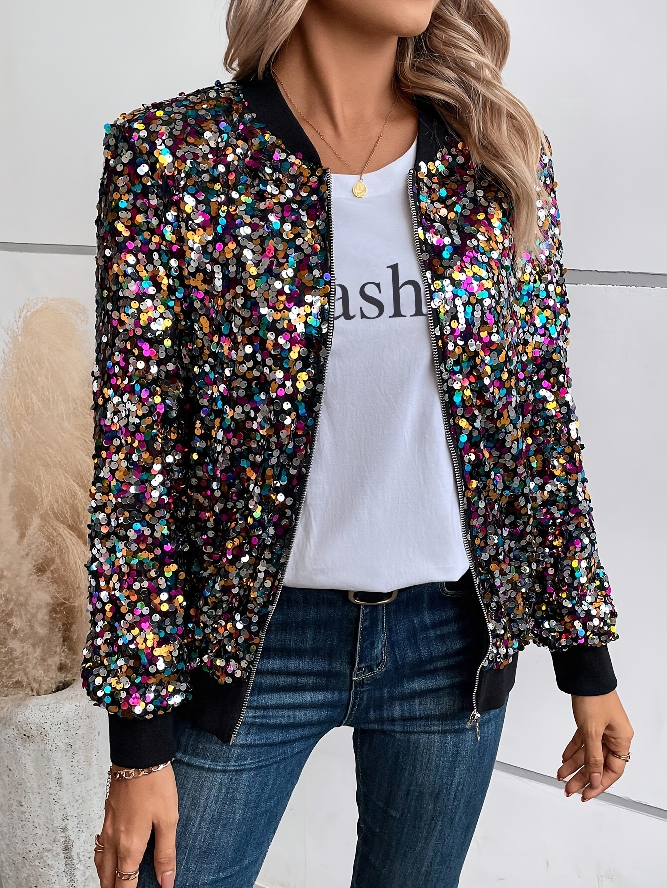 Giacca Bomber Donna Con Paillettes Luccicanti - Maniche Lunghe, Zip Frontale, Collo Alto, Tasche, Per Serate E Performance