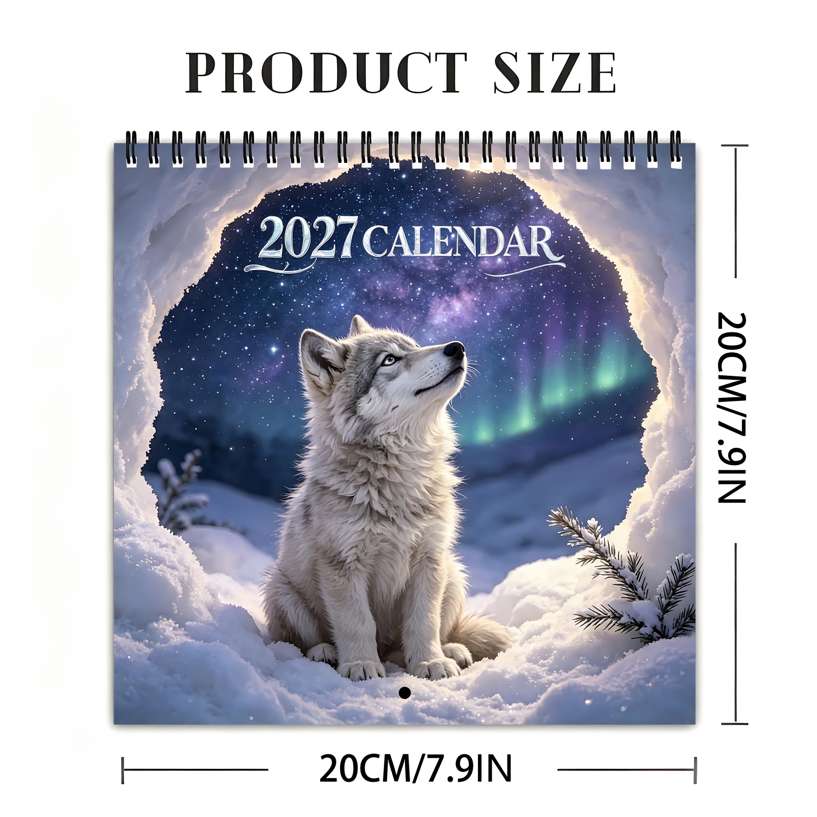 TEMU Calendrier de bureau spiralé 2027, adorable chiot loup , 12 mois, , lumières , de neige, ciel étoilé, calendrier mural, planificateur de bureau