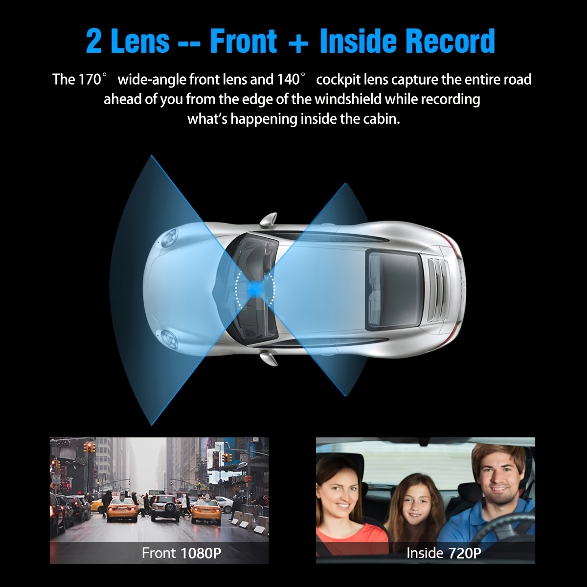 Dual Lens Dash Cam, FHD 1080P Front, 720P Inside, Night Vision, G-Sensor, Loop Recording, Parking Monitor for Car