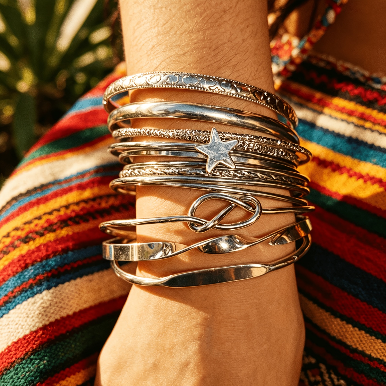 TEMU 11pcs Bohemian Retro Silvery Bangle Set Star Twisted Knot Open Thin Bangle Stackable Wristbands