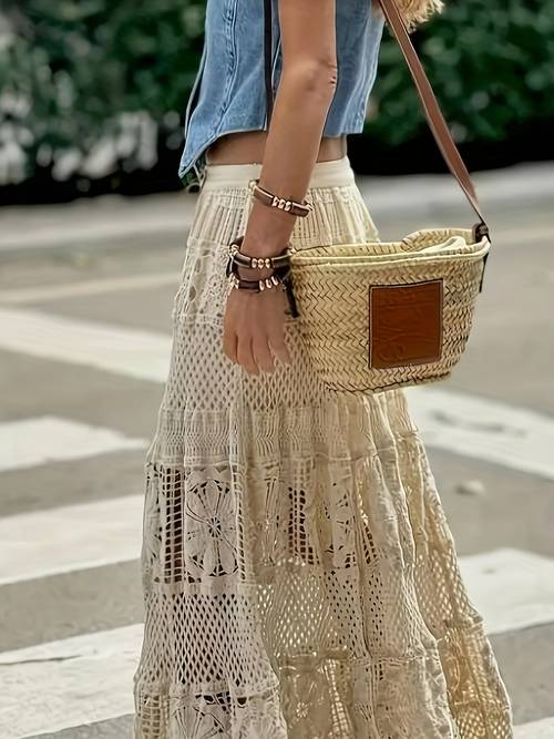 plus size bohemian style womens plus size skirt with hollow out waist and elastic elegant outerwear for beach vacation travel casual wear