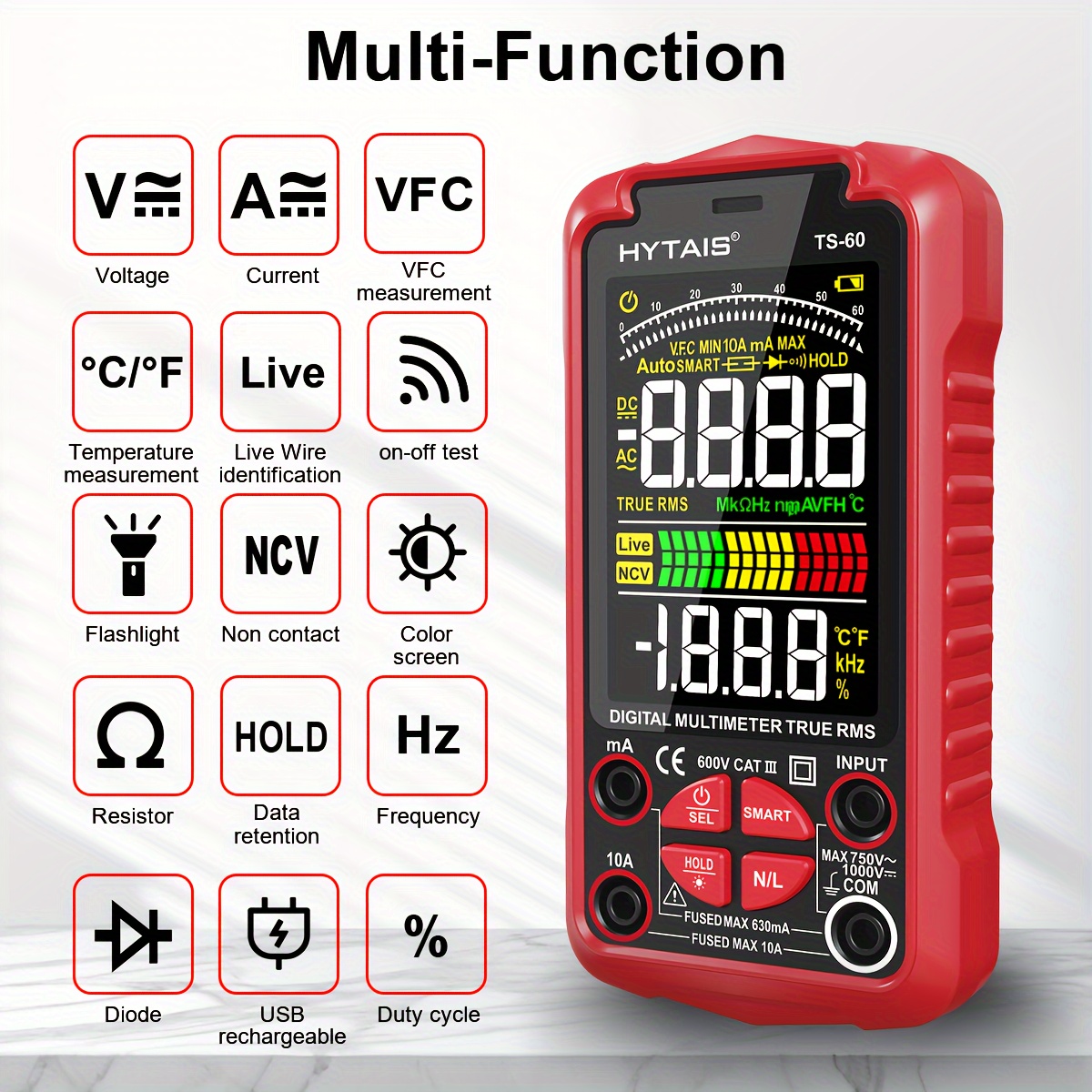 HYTAIS Digital Multimeter, Industrial Grade, 6000 Counts, High Precision, Live Wire Measurement, Rechargeable Battery, 1000mAh Polymer Lithium Battery, 36V Max, Anti-Slip, for Electrical Testing