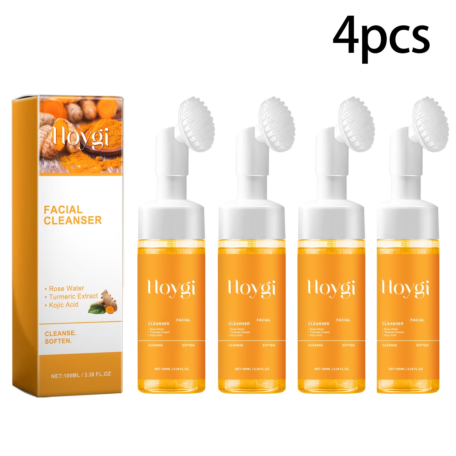 TEMU 4pcs Turmeric & Cleanser Deep Cleansing Facial Light Beige, Foam With Brush, Nourishing Facial Care, Suitable For All Light Beige Types, Daily