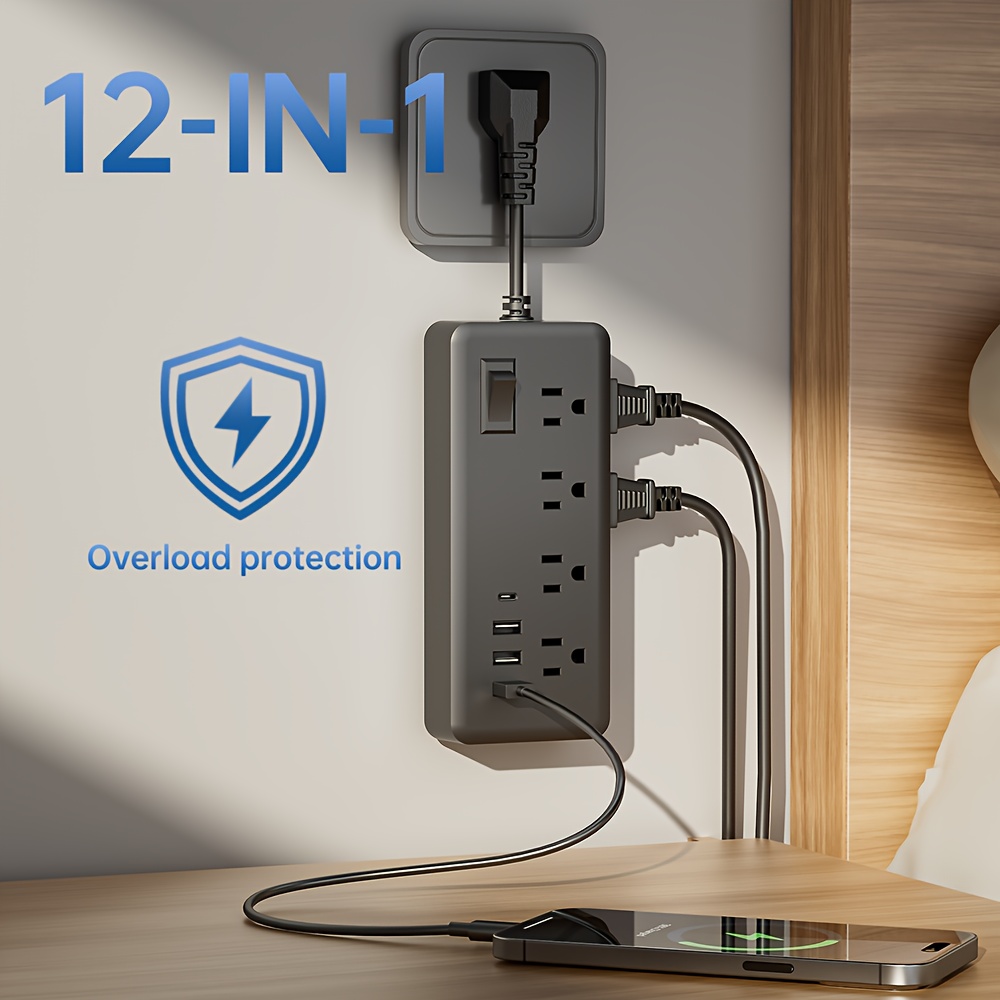 12-in-1 Surge-Protected Power Strip with 8 AC Outlets, USB & Type-C Ports, Master Switch (Black)