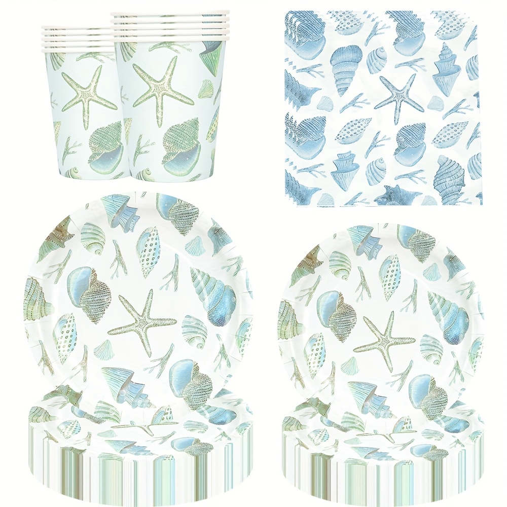 Set Of 80 Blue Starfish-themed Party Supplies Including Paper Plates, Cups, Napkins, And Tableware For Summer Beach, Ocean, Or Pool Birthday Celebrations, Perfect For Under-the-sea Decorations